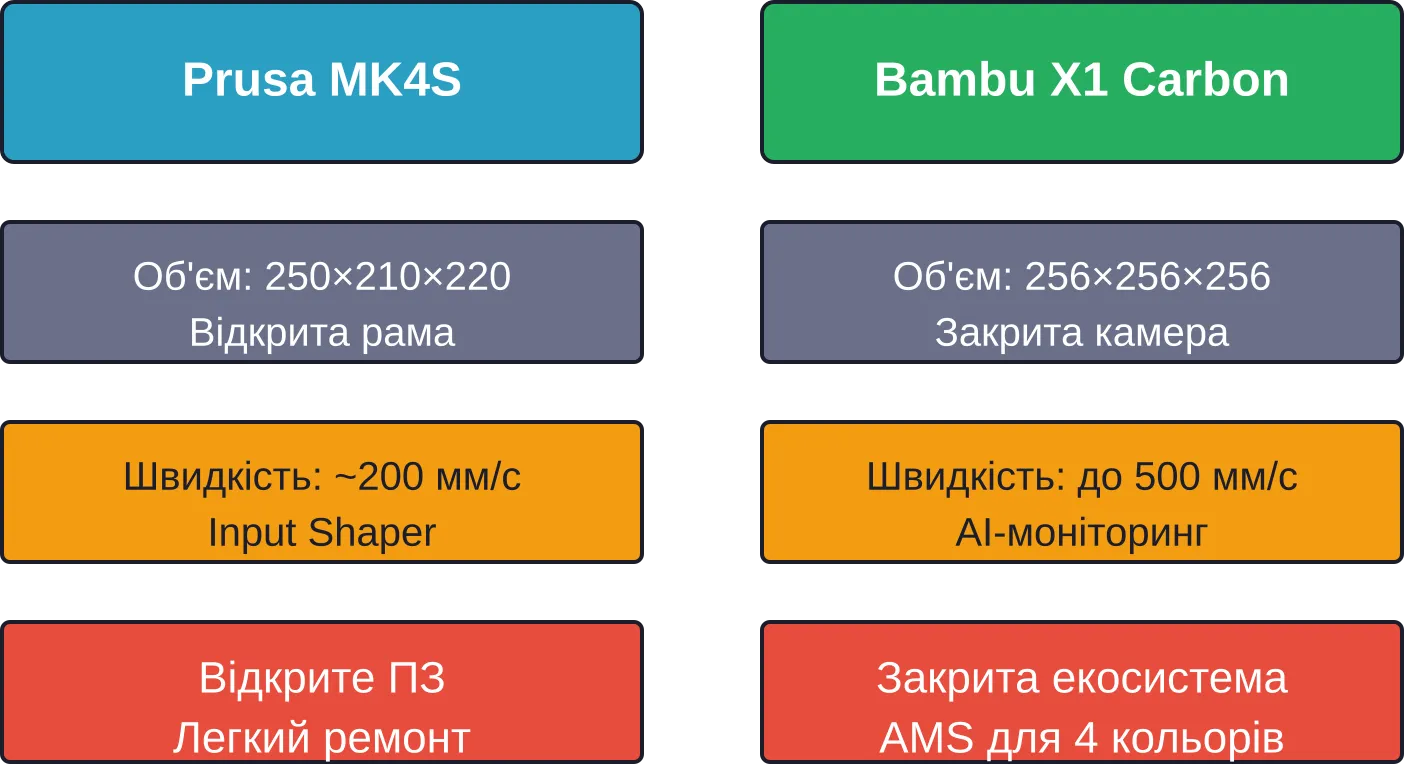 Сравнение ключевых характеристик Prusa MK4S и Bambu Lab X1 Carbon